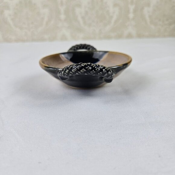 Studio Pottery Handmade Small Trinket Dish Bowl with Double Handles Cream Black - Picture 3 of 11